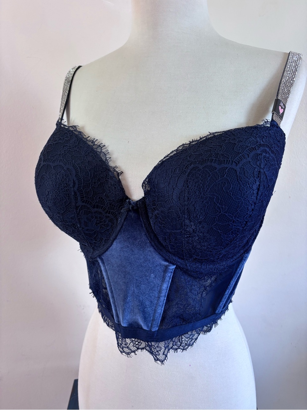 Victoria's Secret Navy Lace Longline Bustier with Rhinestone Straps
